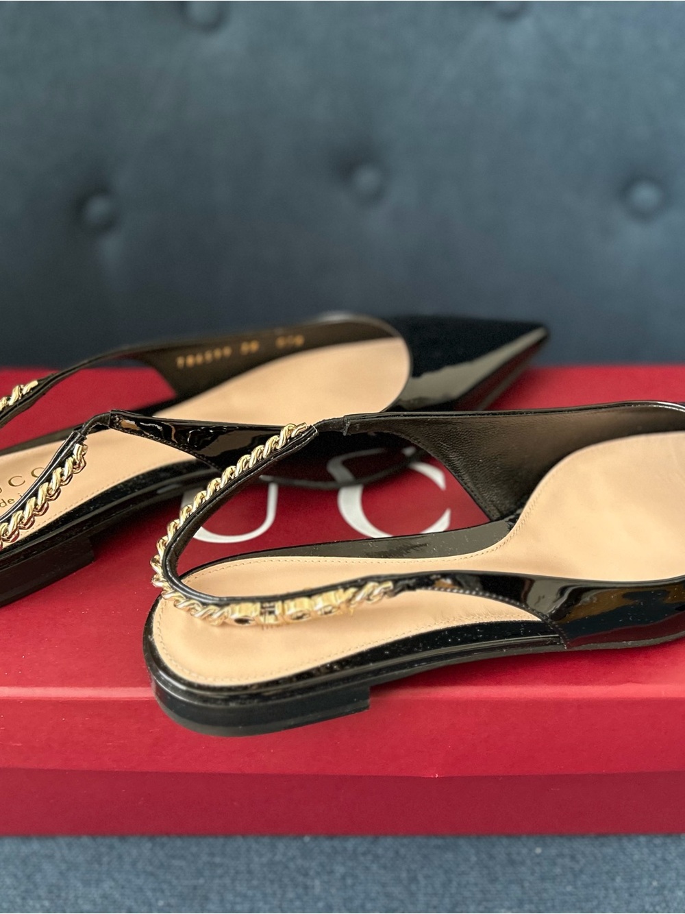 Gucci Black Patent Leather Flats with Gold Chain